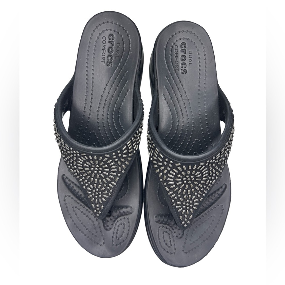 Crocs Sandals Women’s size 11 Monterey Diamante Black Embellished Thong Wedge